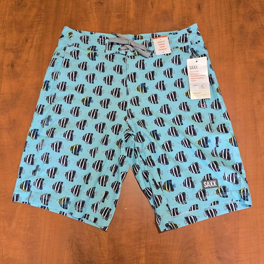 NEW SAXX Mens Betawave 2N1 3 Pocket AOP Fish Print Drawstring Board Shorts 28